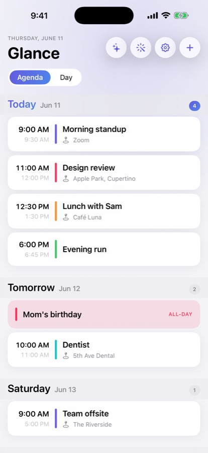 Glance agenda screen